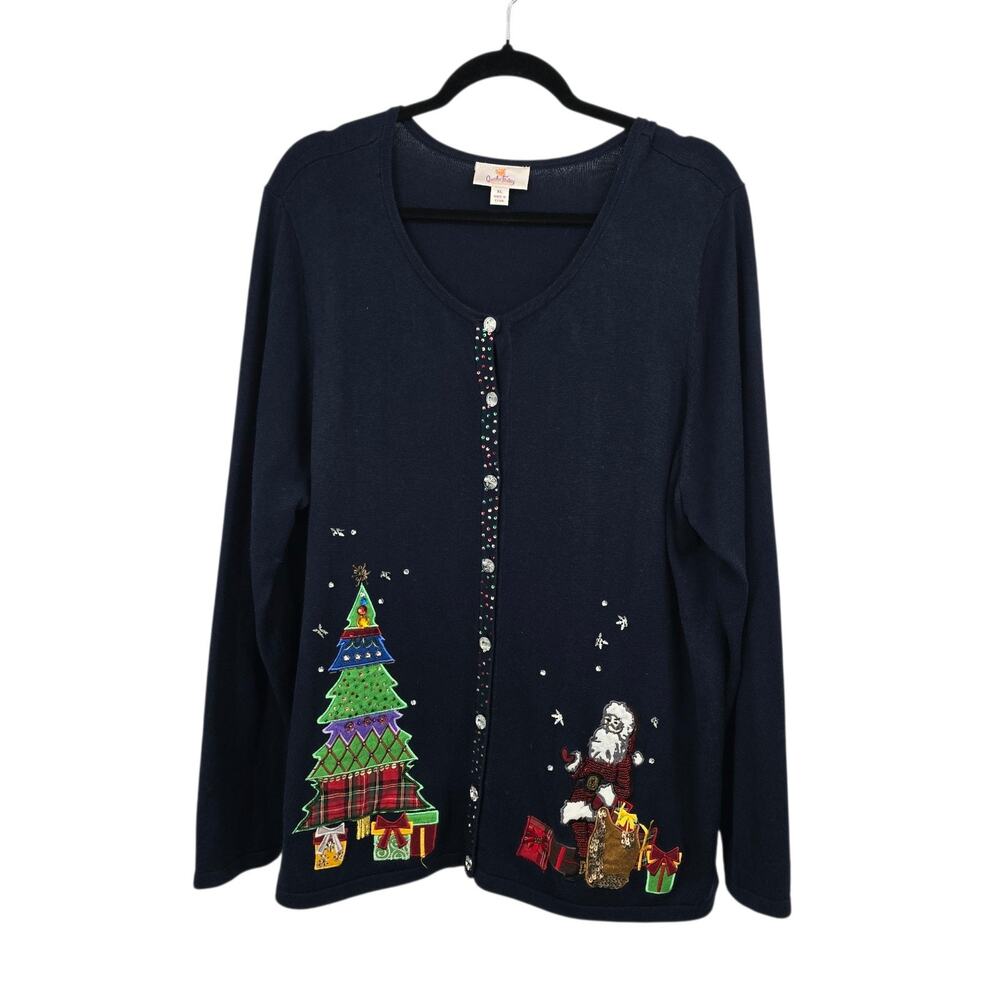 Quacker Factory Christmas Cardigan Sweater‎ Womens XL Santa Claus Tree Holiday